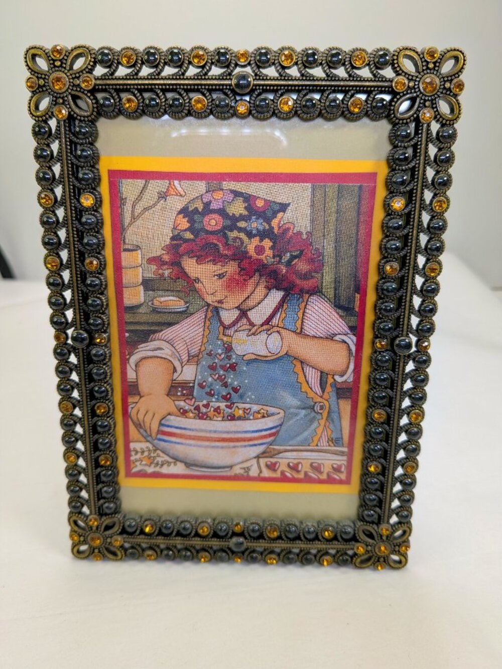 VTG Ornate Jeweled Picture Frame, Brass Tone Filigree w Amber & Black Rhinestone